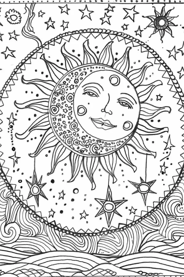 Anthropomorphic sun and moon celestial figure, fantasy style — free printable universe coloring book page