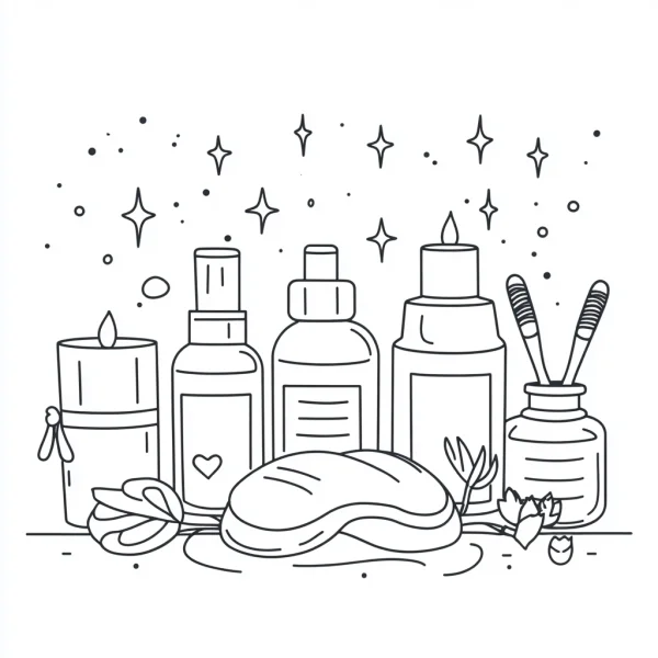 Skincare and self-care product set including candle, soap — free printable skincare coloring book page