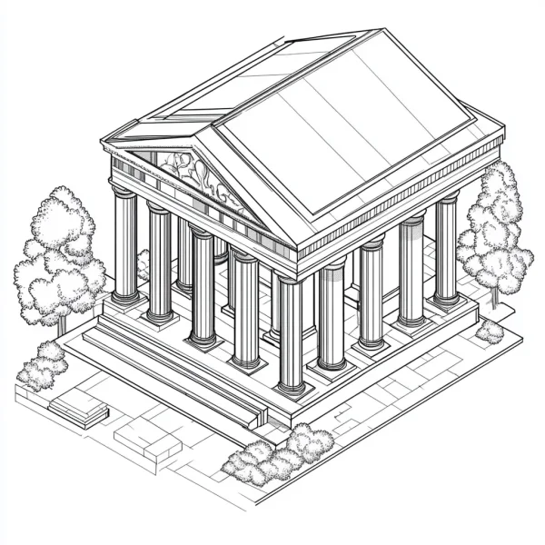 Coloring book page, greek classical temple with stone columns — free printable greek culture coloring book page
