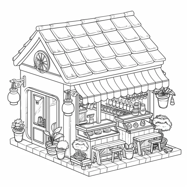 Cute small shop with various potted plants, cartoon style — free printable shops coloring book page