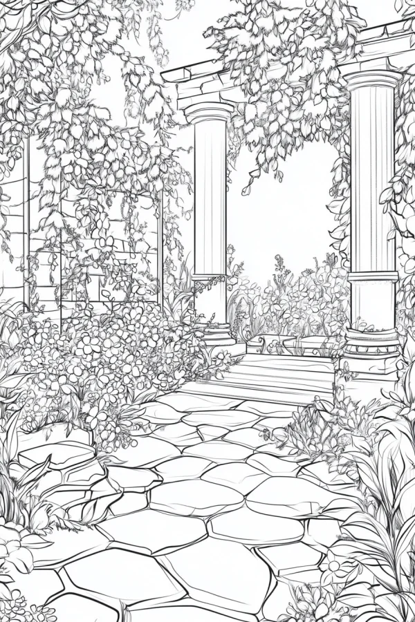 Garden path with european colonnade archway, surrounded by vines and flowers — free printable scene theme coloring book page