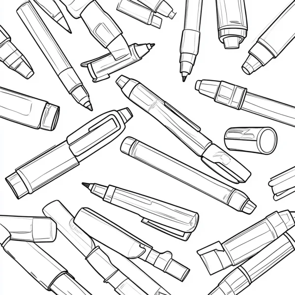 Various marker pens of different styles, sketch line art style — free printable stationery coloring book page