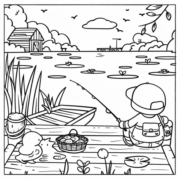 Cartoon boy fishing on a wooden dock, cartoon style — free printable fishing coloring book page