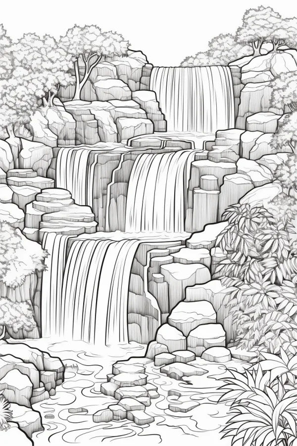 Multi-tiered waterfall natural landscape, realistic sketch style — free printable waterfall coloring book page