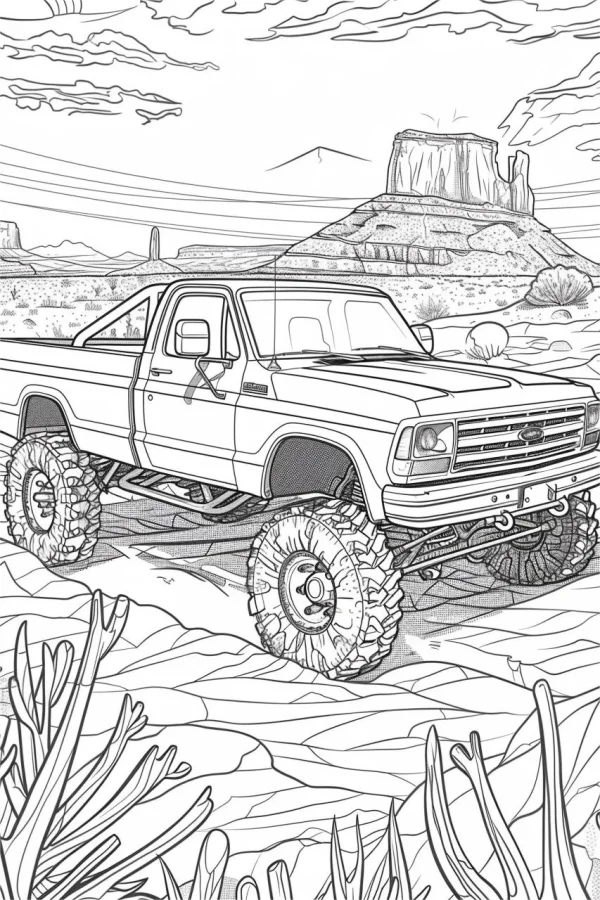 Off-road monster truck, realistic line art style — free printable off-road coloring book page