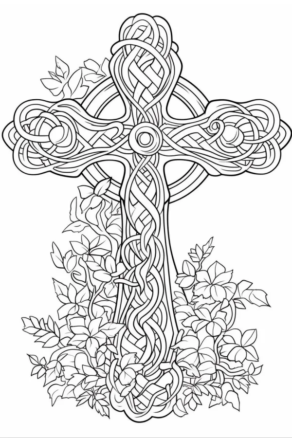 Coloring book page, celtic cross with intertwined vine plants — free printable celtic culture coloring book page