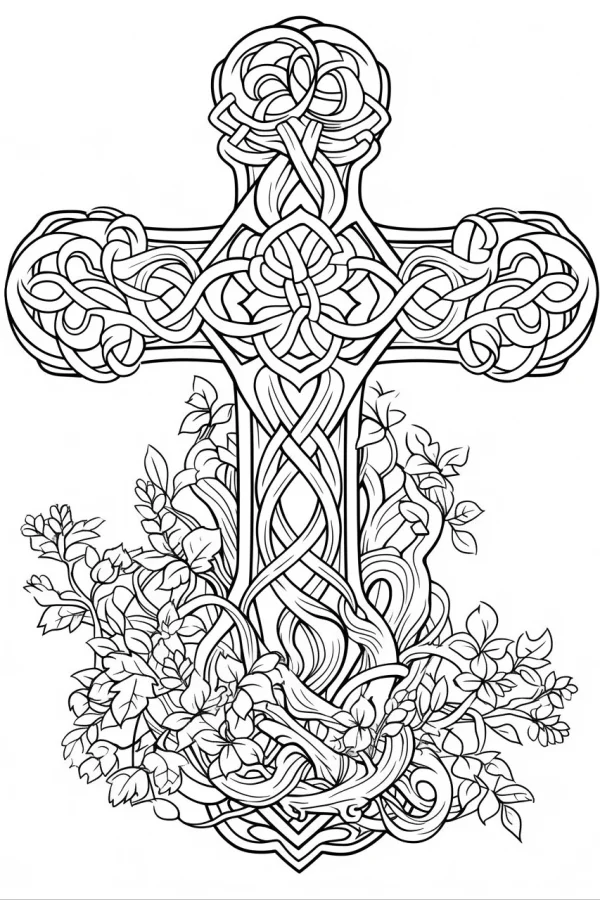 Celtic cross with floral vines and leaves, celtic knotwork art style — free printable celtic culture coloring book page