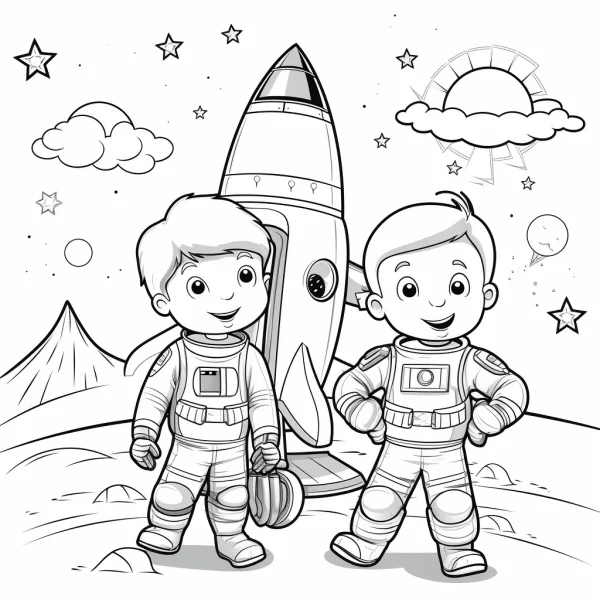 Two boy astronauts standing with rocket, cartoon style — free printable astronaut coloring book page