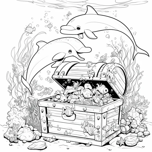 Dolphins with open underwater treasure chest filled with jewels, cartoon style — free printable treasure hunt coloring book page