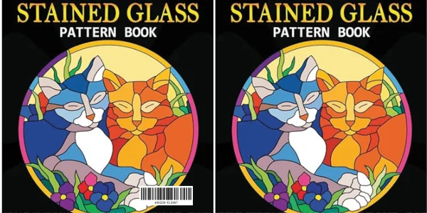 Stained glass pattern book cover, two cute cats in stained glass style — free printable handmade diy coloring book page