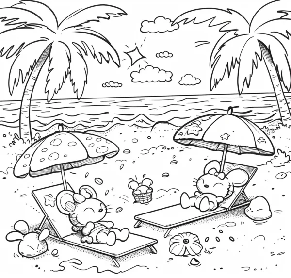 Cartoon mice on beach vacation, cartoon style — free printable vacation coloring book page