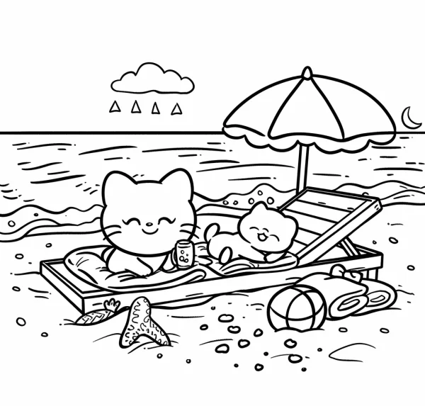 Cute adult cat and kitten relaxing on beach lounge chair under beach umbrella, cartoon style — free printable vacation coloring book page