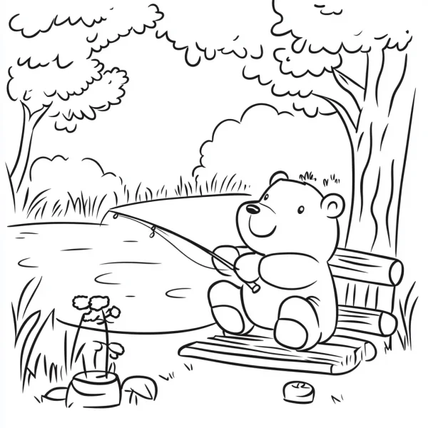 Cute little bear fishing on a wooden bench by the lake, cartoon style — free printable fishing coloring book page