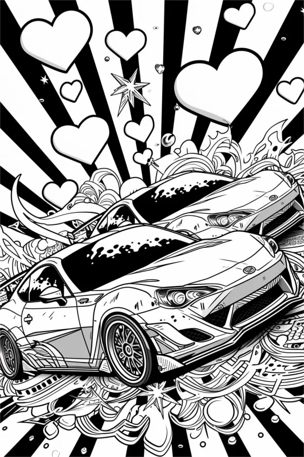 Two trendy sports cars, cartoon pop art style — free printable trend coloring book page