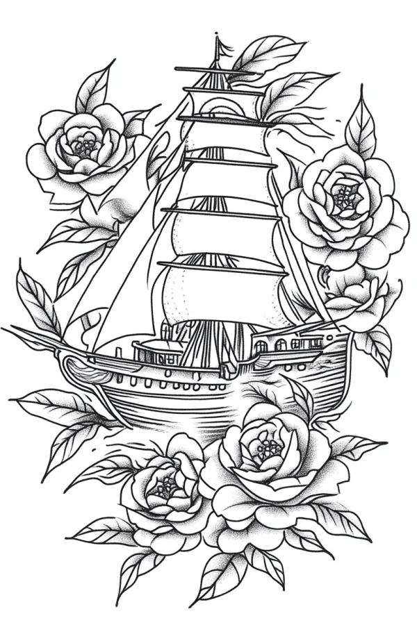 Vintage sailing ship surrounded by detailed roses, realistic tattoo-style line art — free printable boats coloring book page