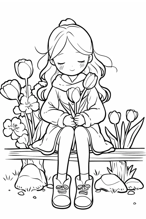 Cute girl holding tulips, cartoon style — free printable flower season coloring book page