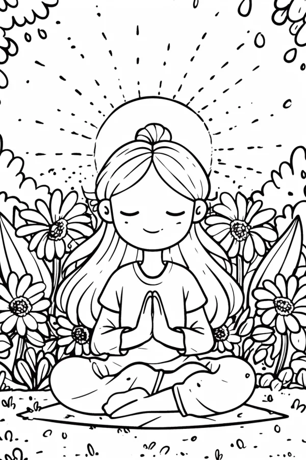 Coloring book page, cartoon girl doing yoga in lotus pose with hands clasped — free printable yoga coloring book page