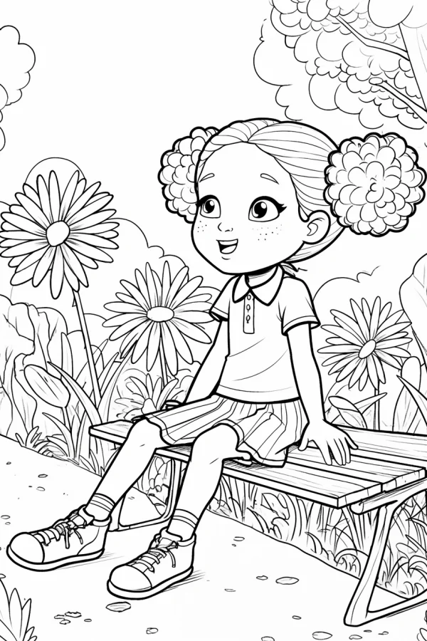 Cute little girl with double bun hairstyle sitting on a park bench, cartoon style — free printable children's life coloring book page