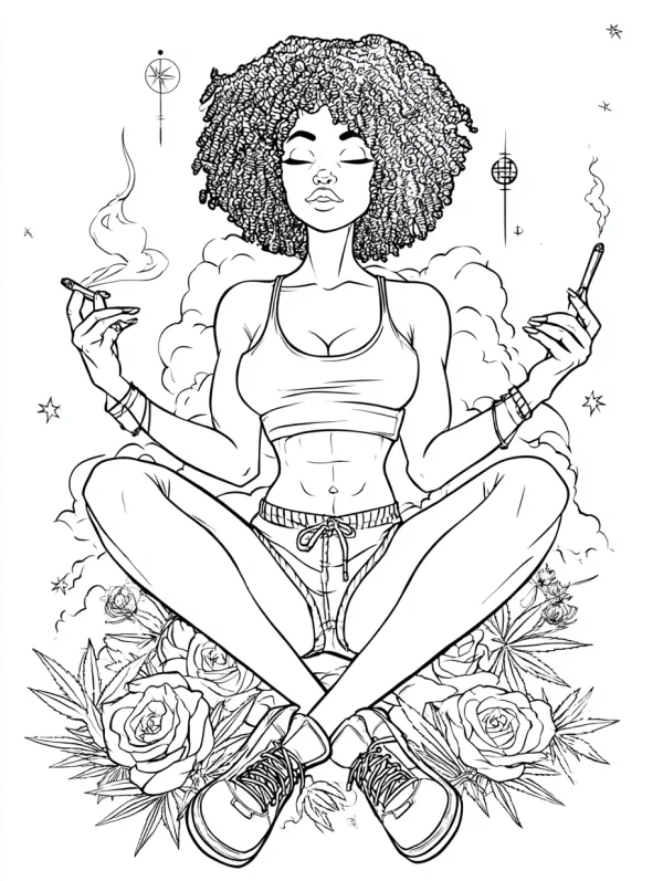 Afro girl in lotus position meditating, holding cannabis joints in both hands — free printable meditation coloring book page