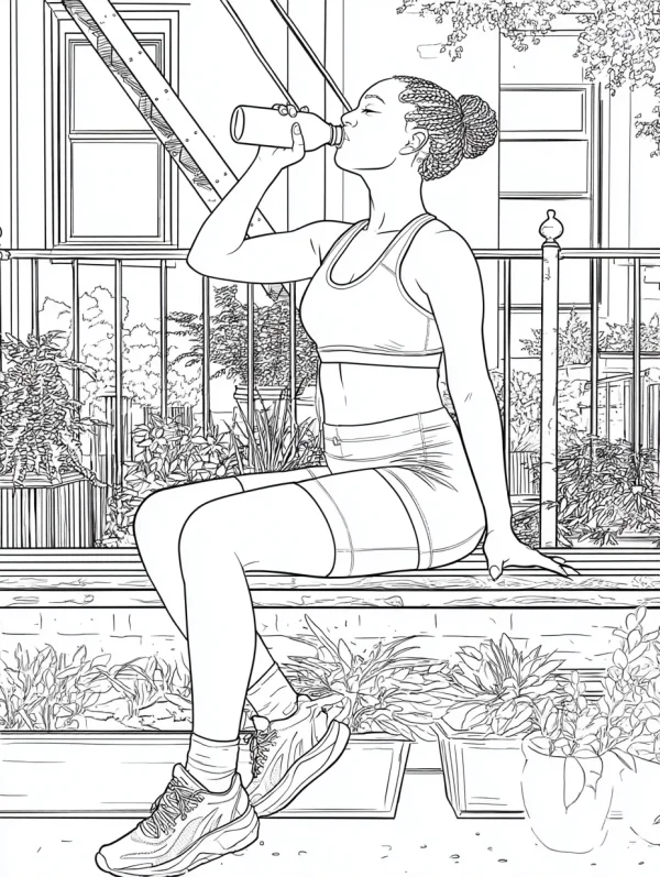 Coloring book page, sporty girl drinking water on outdoor steps — free printable daily leisure coloring book page