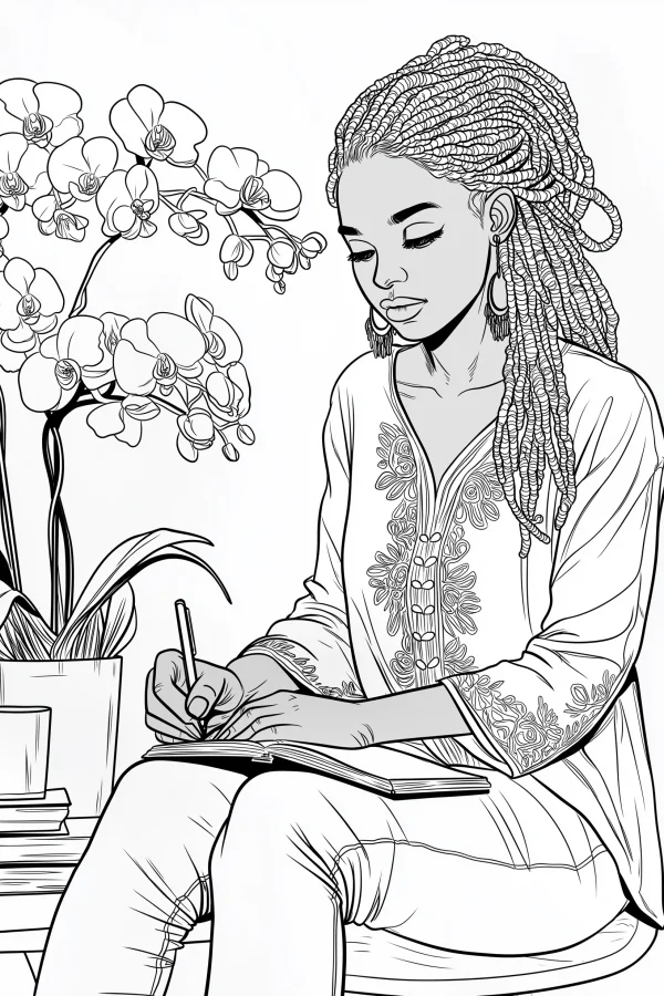 Braided hair girl writing in notebook, realistic line art style — free printable writing coloring book page