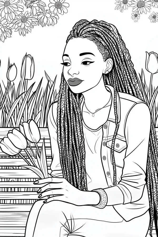 Braided girl holding tulips, sitting on a wooden bench — free printable flower season coloring book page