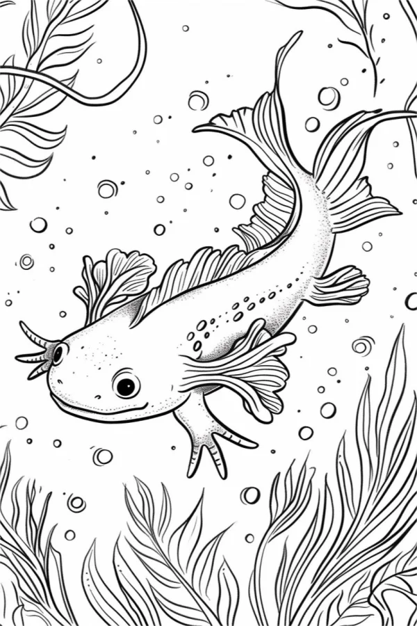 Axolotl (hexagonal dinosaur fish) in underwater environment, cartoon style — free printable amphibians coloring book page