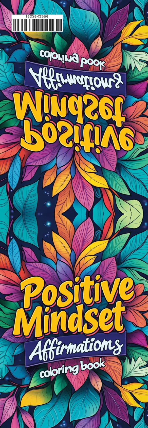 Colouring book cover, positive mindset affirmations decorative typography with vibrant colorful leaves and vines — free printable healing coloring book page