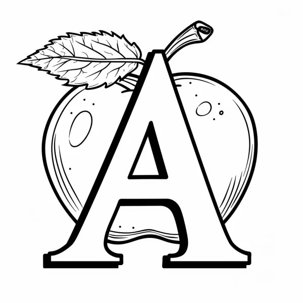 Letter a combined with an apple, cartoon sketch style — free printable letters coloring book page