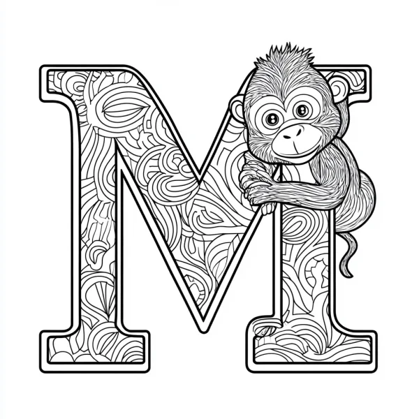 Cute monkey hugging letter m filled with zentangle patterns, cartoon style — free printable letter art coloring book page
