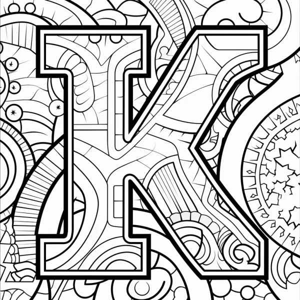 Creative decorative letter k, zentangle style — free printable letters coloring book page
