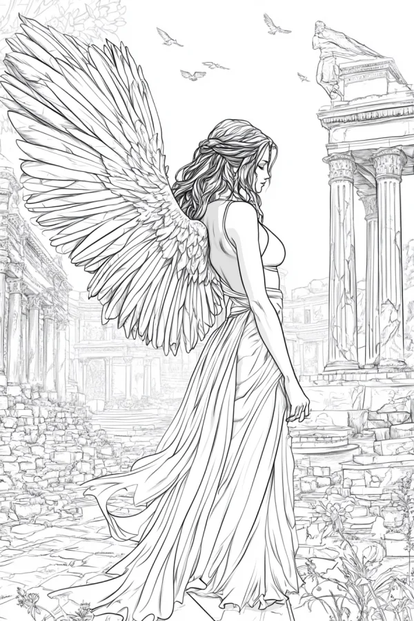 Winged angel standing in ancient greek ruins, realistic fantasy style — free printable historical site coloring book page