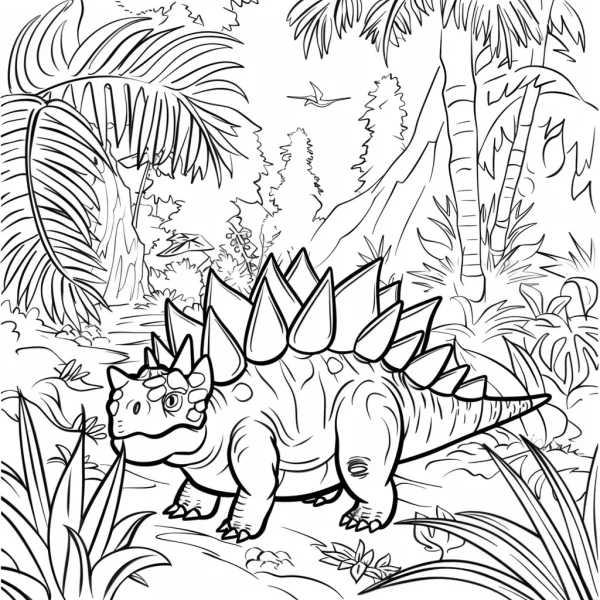 Cartoon stegosaurus in a lush rainforest, surrounded by palm trees — free printable rainforest coloring book page