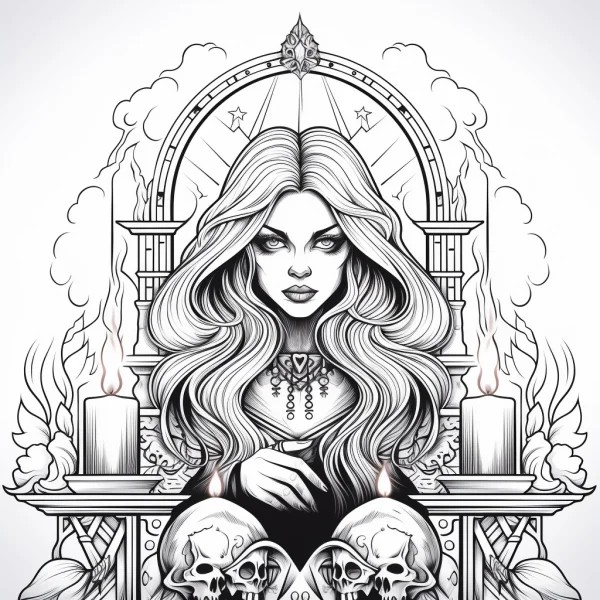 Gothic witch with skulls below, intricate gothic altar with burning candles and decorative patterns — free printable goth culture coloring book page