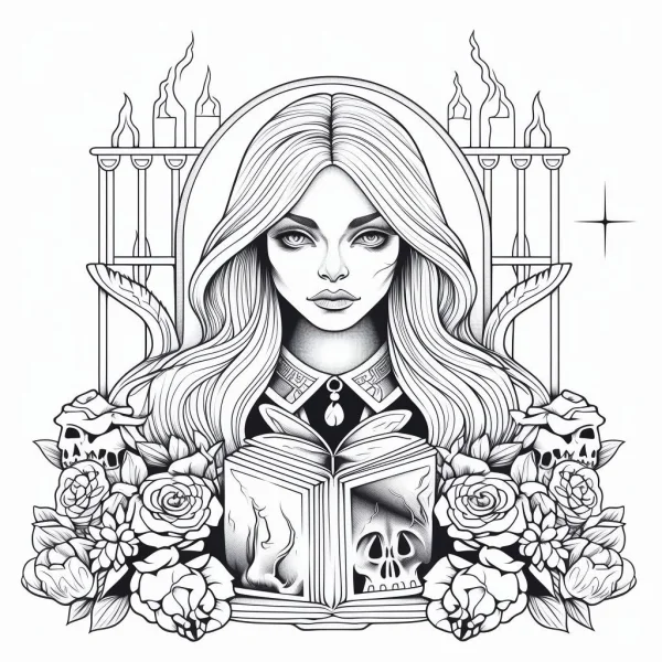 Gothic witch holding a spellbook with skull pattern, surrounded by roses and small skulls — free printable goth culture coloring book page