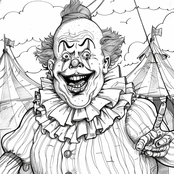 Creepy horror clown, horror sketch style — free printable circus coloring book page