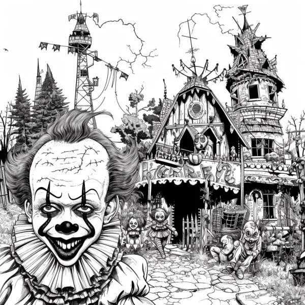Coloring book page, creepy horror clown in foreground — free printable theme park coloring book page