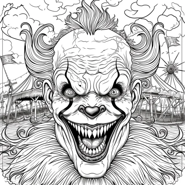 Creepy fanged pennywise-style clown, horror gothic style — free printable circus coloring book page