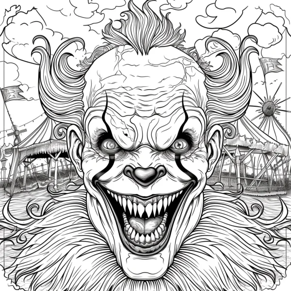 Terrifying clown with sharp fangs, horror sketch style — free printable circus coloring book page