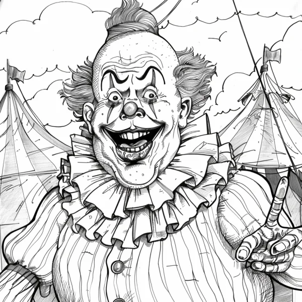 Creepy horror clown, horror style — free printable circus coloring book page