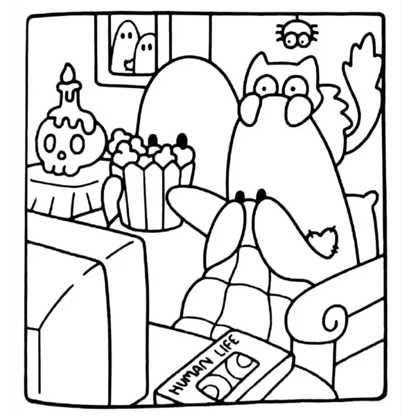 Cartoon cat-like fantasy creature sitting on sofa, whimsical indoor scene with ghost — free printable daily scene coloring book page