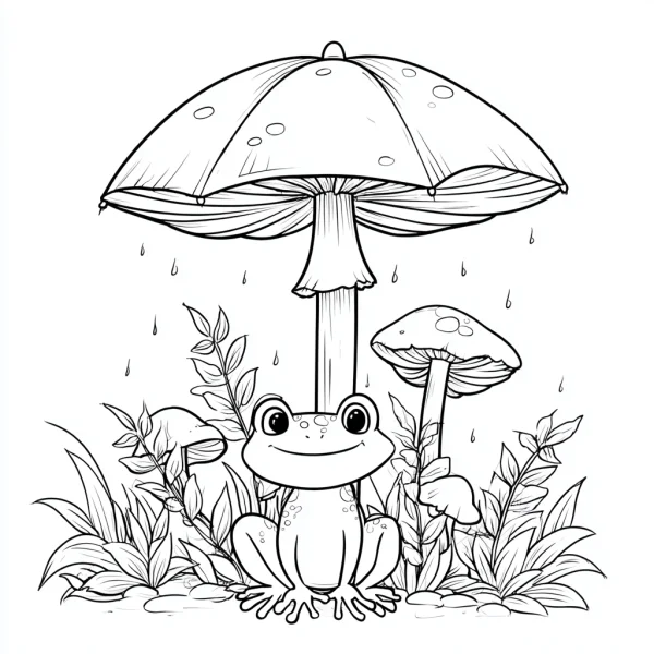 Smiling frog holding large mushroom as umbrella, cartoon style — free printable rainy season coloring book page