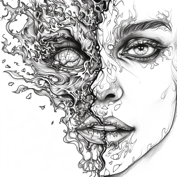 Half-corrupted twisted human face, surreal horror sketch style — free printable surreal coloring book page