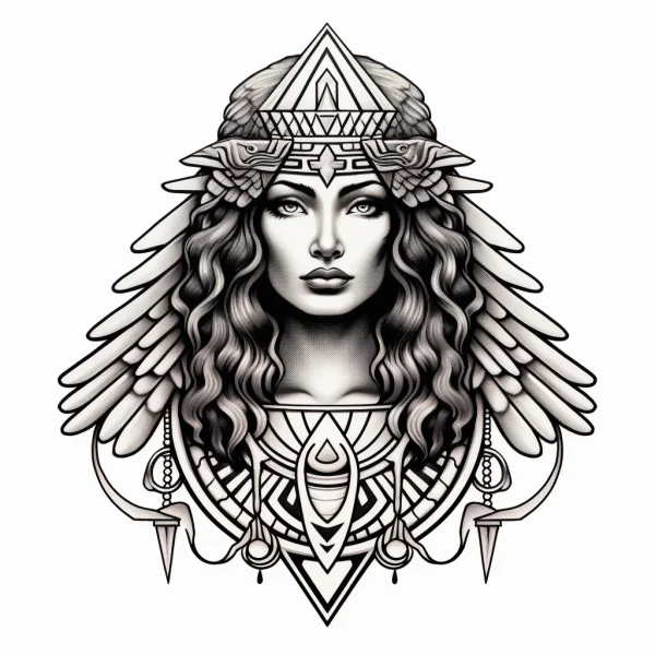 Winged egyptian-style goddess, ancient egyptian art style — free printable egypt coloring book page