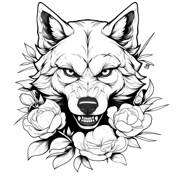 Fierce wolf head surrounded by peonies, realistic line art style — free printable mammals coloring book page