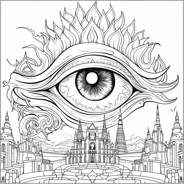 Mysterious giant eye above fantasy castle, fantasy style — free printable mystery coloring book page