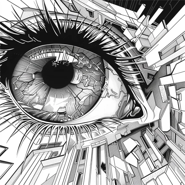 Surreal city eye, surreal art style — free printable surreal coloring book page