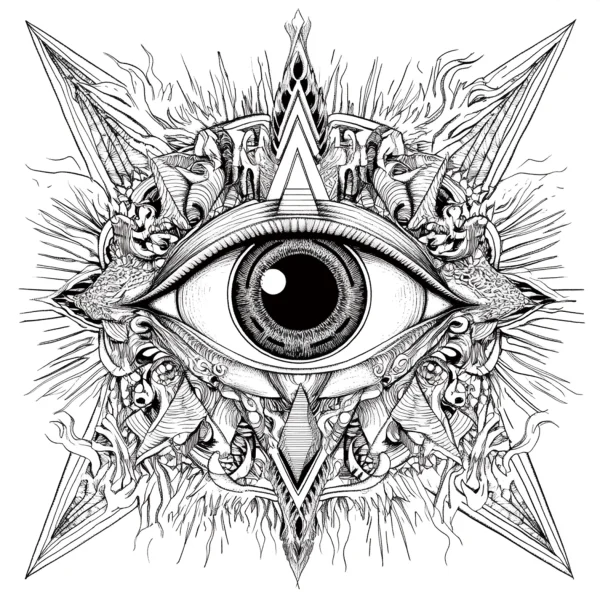 Mysterious all-seeing eye, fantasy abstract style — free printable mystery coloring book page