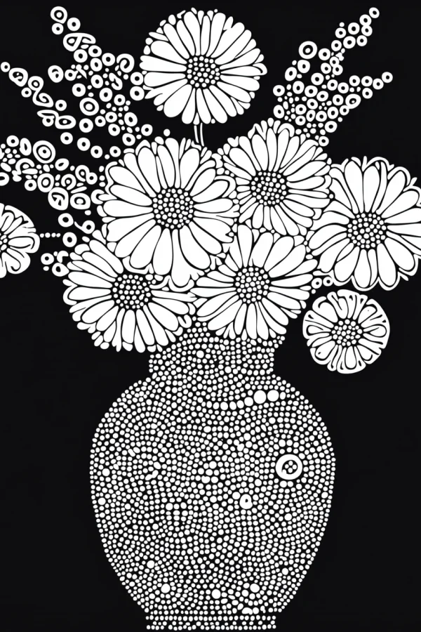 Dotted vase with white daisies, line art style — free printable still life coloring book page