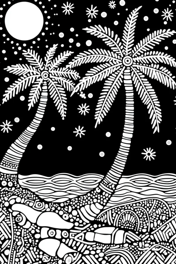 Zentangle-style night beach with palm trees, intricate patterns including seashells — free printable night coloring book page